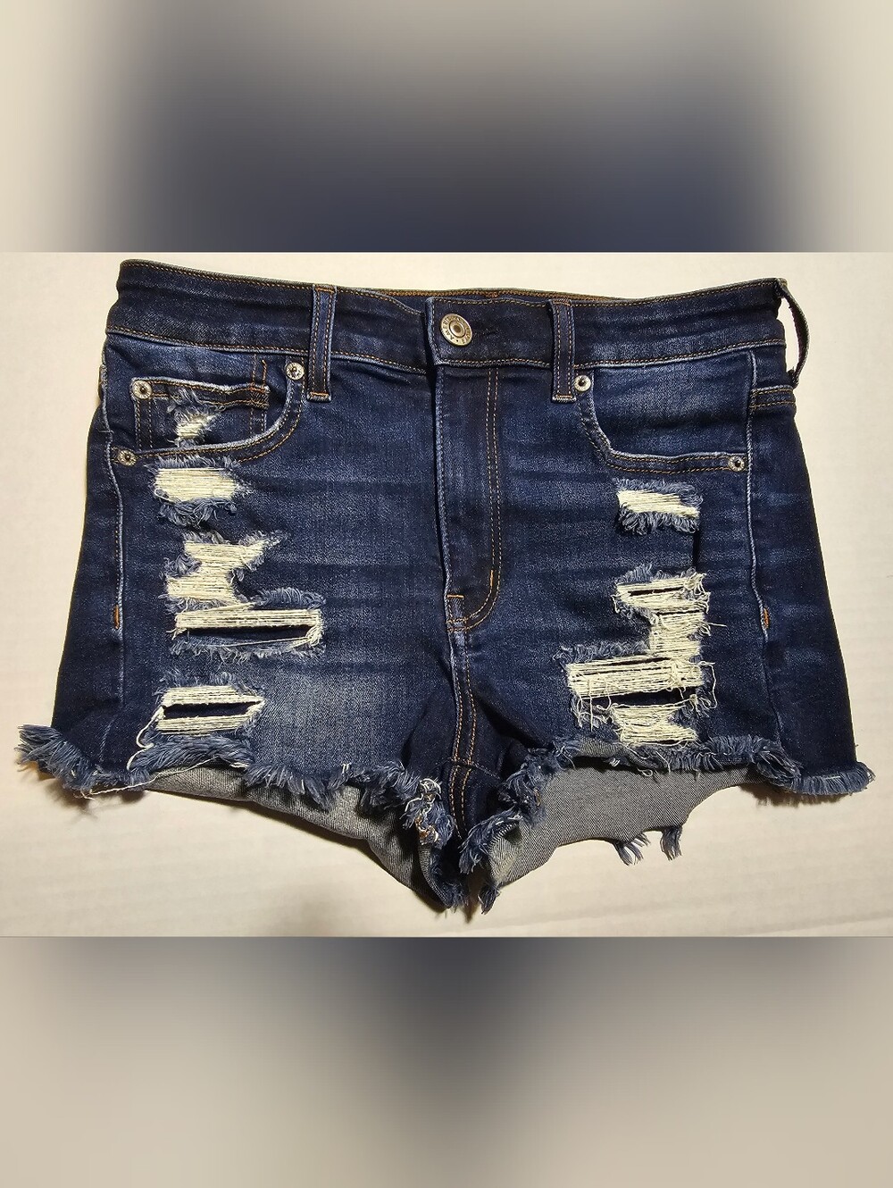 American Eagle Hi-Rise Shortie Dark Wash Distressed Cutoff Denim Shorts Size 6